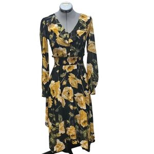 Karl Lagerfeld Paris Floral Long Sleeve Midi Dress Size 4 Black Yellow Roses Smo
